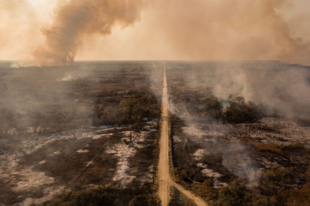 Aerial view of the Transpantaneira dirt road in Mato Grosso, Pantanal, Brasil, completely devastated by fire.  (c) Heideger Nascimento 